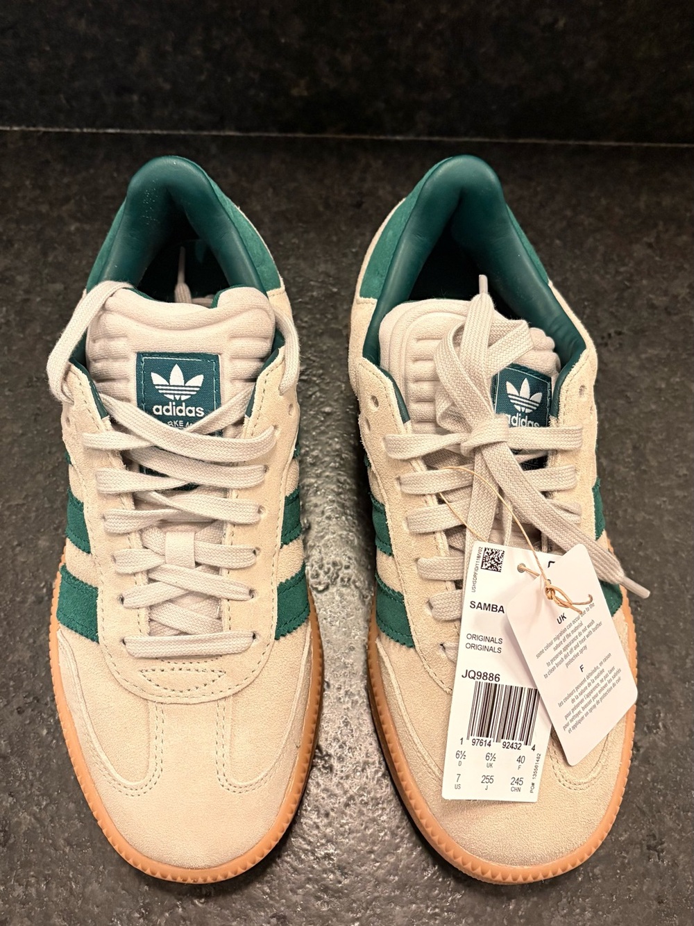 adidas Samba Suede Sneakers in Cream with Green Stripes and Gum Sole - Picture 3 of 6